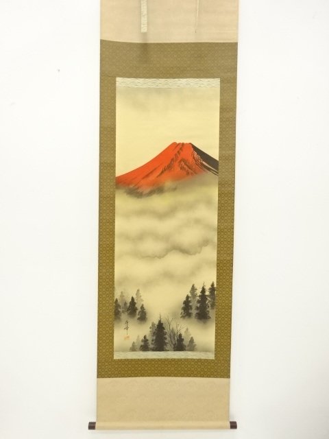 JAPANESE COLLECTIBLE / RED FUJI BY SHUHO / HANDWRITTEN SILK